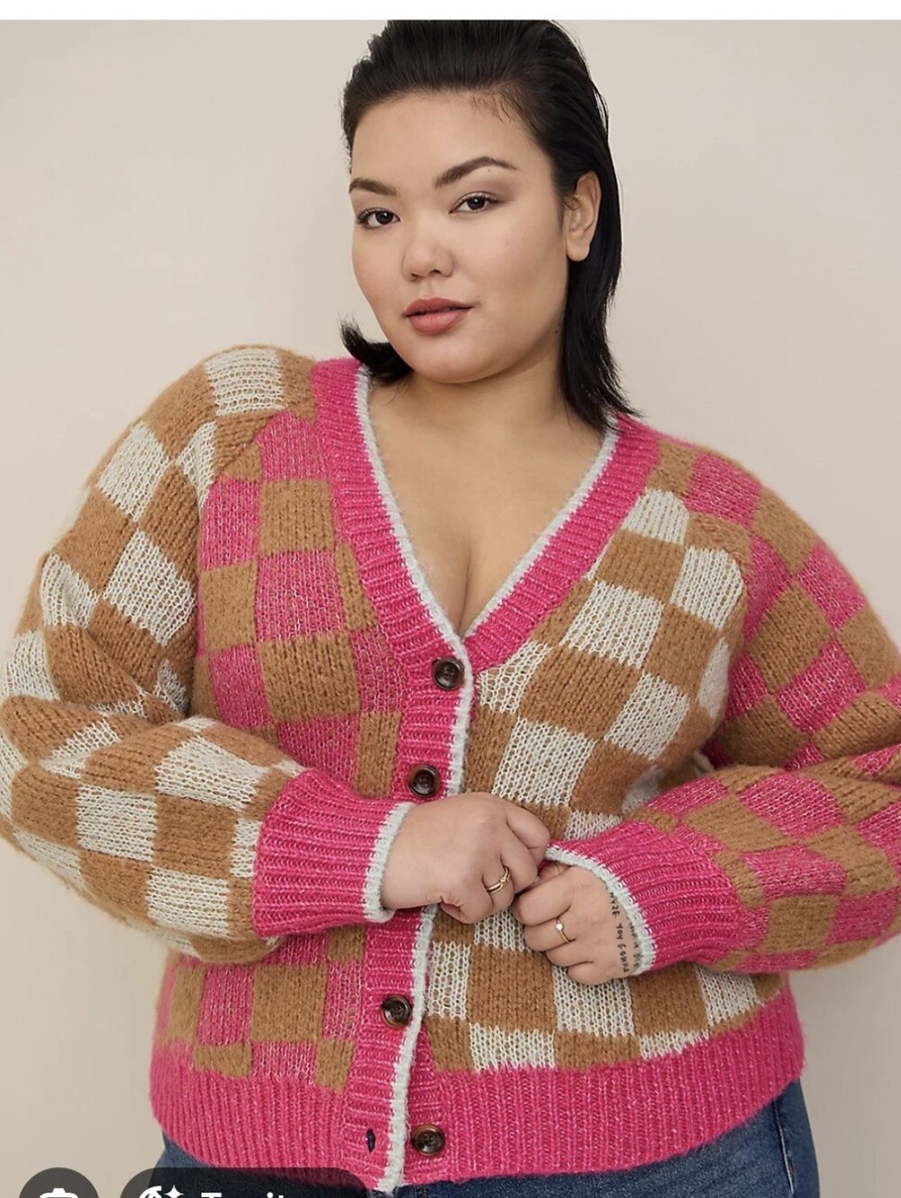 Torrid Chunky Cable Knit Checkerboard V-Neck Button Cardigan Pink, Brown Wool